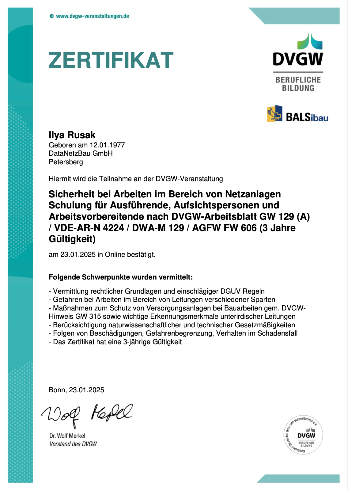 DVGW GW129 Veiligheid